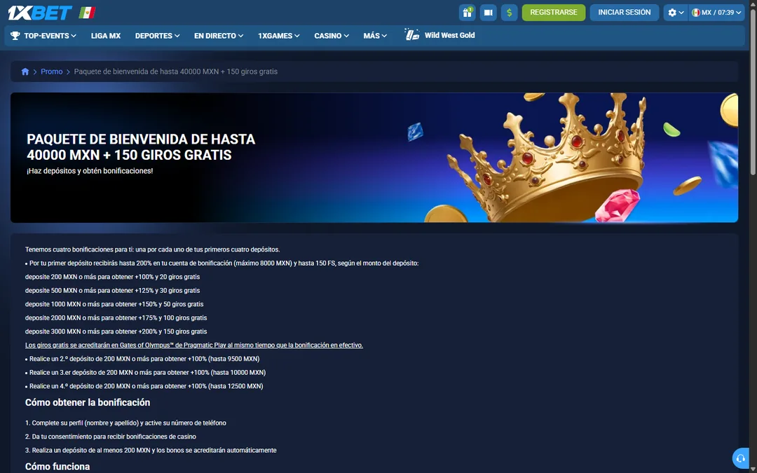 Página del paquete de bienvenida de casino de 1xBet México con los escalones del primer depósito y los cuatro bonos