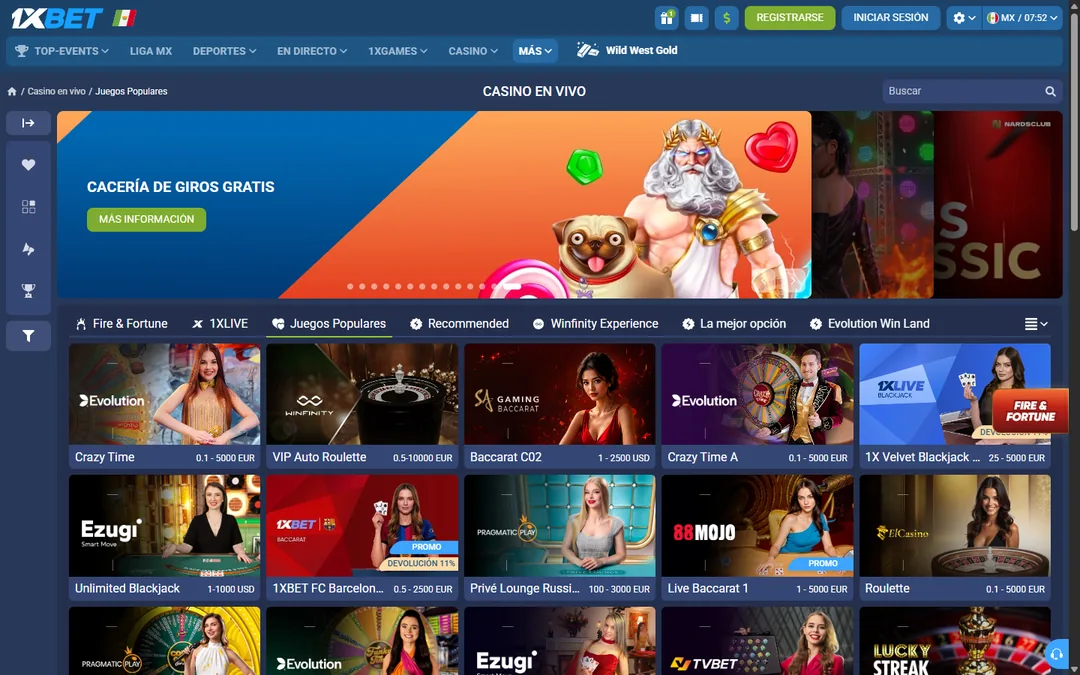 Casino en vivo de 1xBet México con mesas de Evolution, Winfinity, Ezugi y la mesa FC Barcelona Baccarat