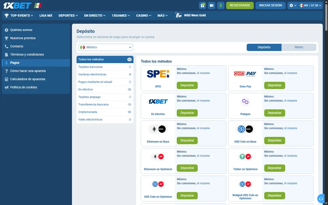 Página de pagos de 1xBet México con 93 métodos de depósito