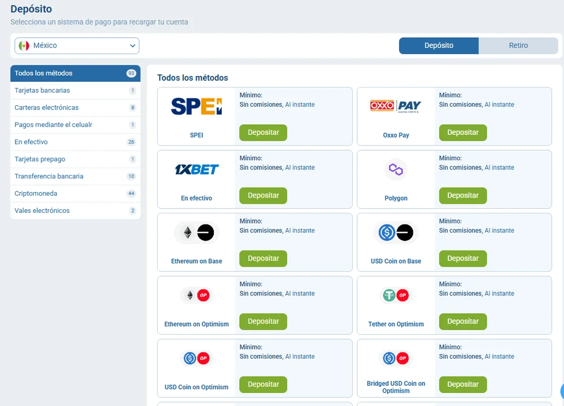 Página de pagos de 1xBet México con las categorías de depósito y los tiles de SPEI, OXXO Pay, efectivo, Polygon, Ethereum y USDC