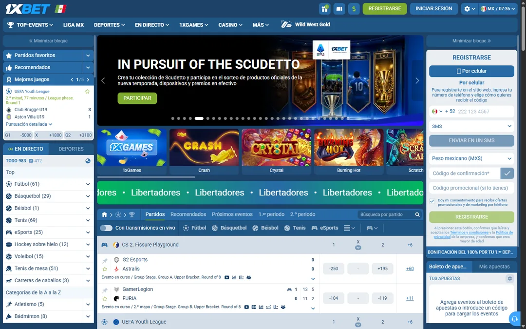 Portada de 1xBet México con la Liga MX en el menú, el banner de la Serie A, los 1xGames y el registro por celular