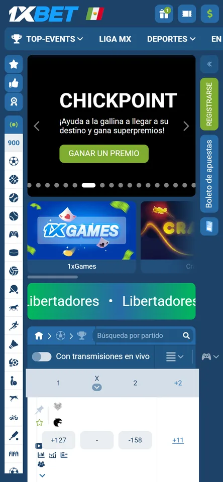 Portada móvil de 1xBet México con la promoción Chickpoint, 1xGames y la barra de Libertadores