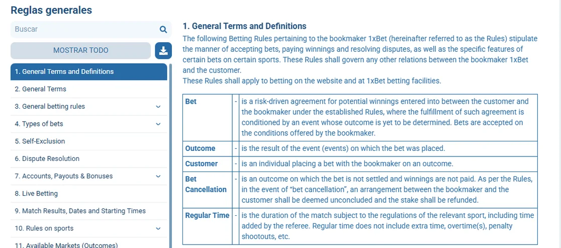 Página de reglas de 1-x.mx con el índice de 32 secciones en inglés y la sección de definiciones generales