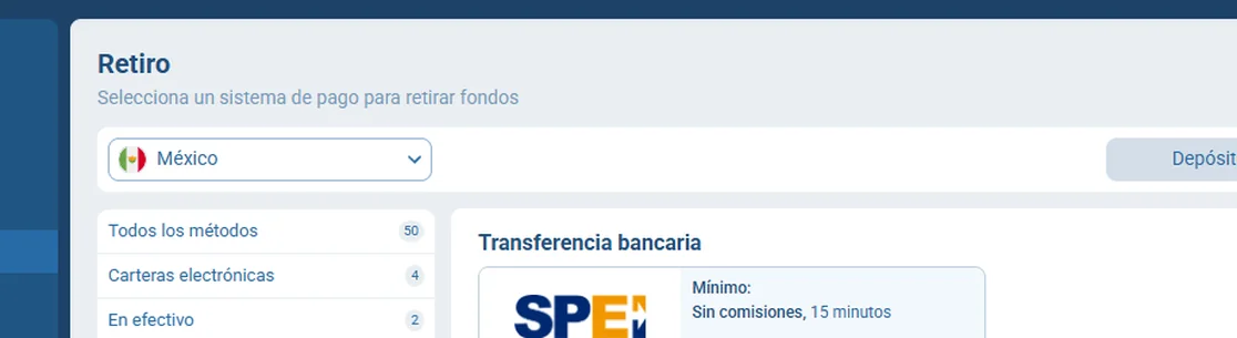 Pestaña de retiro de la página de pagos de 1xBet México con 50 métodos y el tile de SPEI marcado sin comisiones y 15 minutos