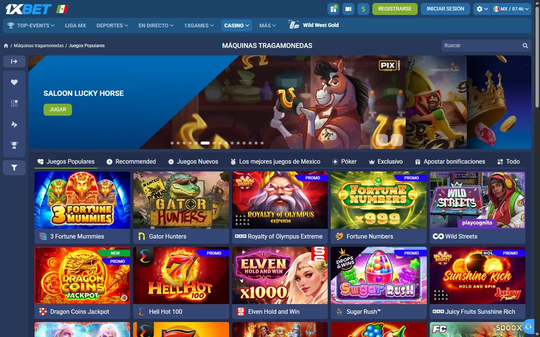 Lobby de tragamonedas de 1xBet México con la pestaña Los mejores juegos de México
