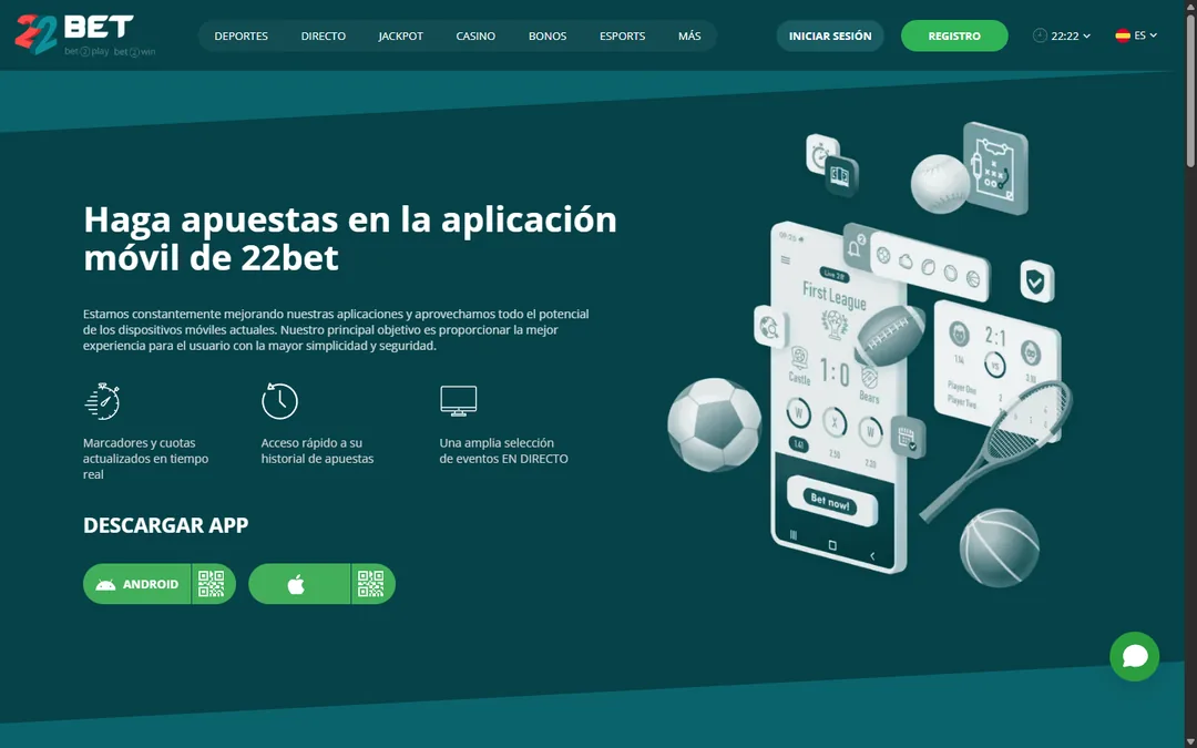 Página de la versión móvil de 22Bet con la descarga de la app para Android y las instrucciones para instalar la PWA en iOS