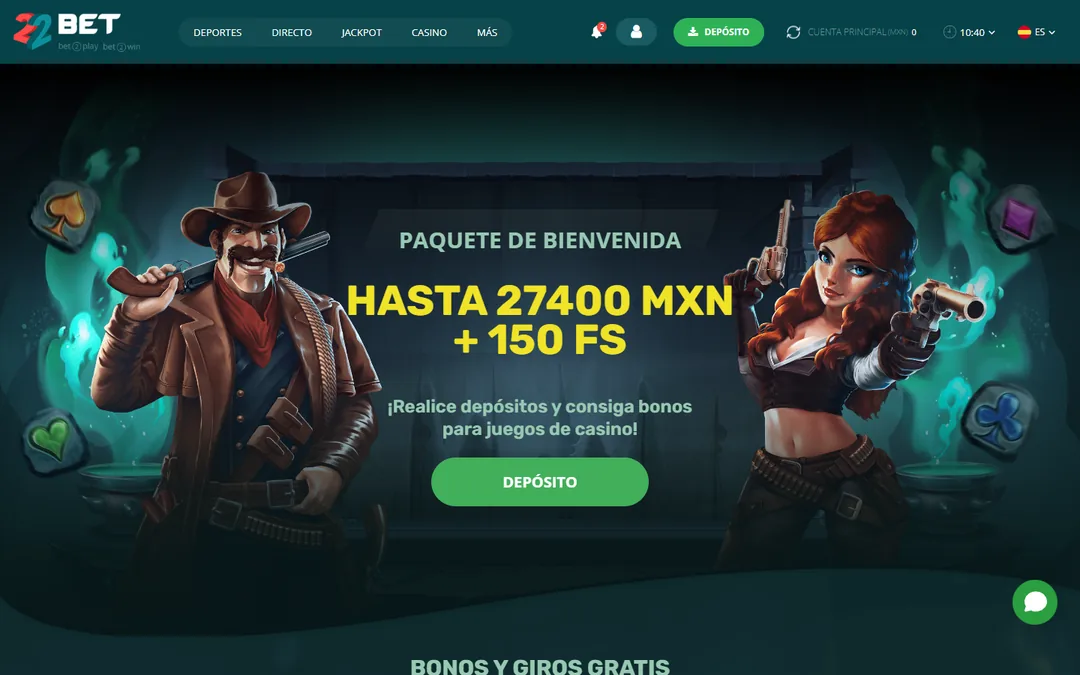 Página del paquete de bienvenida de 22Bet con hasta 27,400 MXN más 150 giros gratis y el botón de depósito