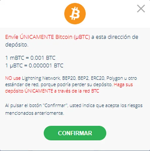 Ventana de depósito en Bitcoin de 22Bet: envíe únicamente Bitcoin en microbitcoins a esta dirección, 1 mBTC igual a 0.001 BTC, y el aviso de no usar Lightning Network, BEP20, BEP2, ERC20 ni Polygon