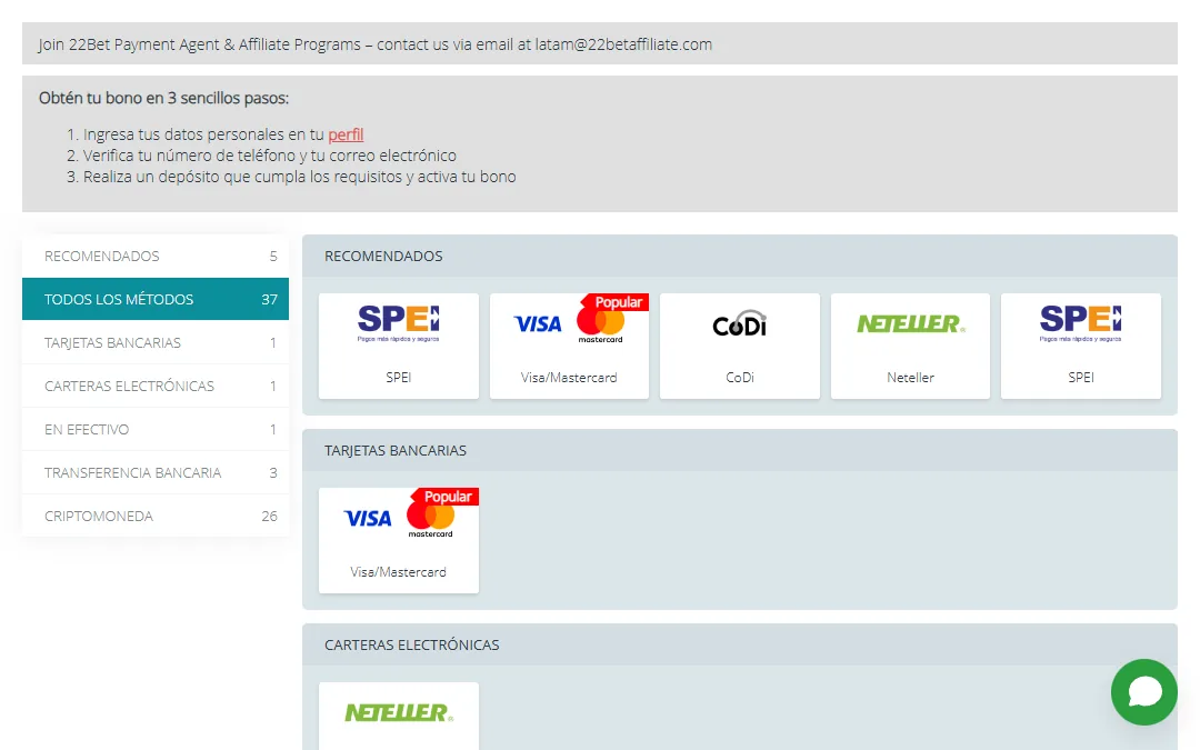 Página de depósito de la cuenta de 22Bet con las categorías recomendados, todos los métodos, tarjetas bancarias, carteras electrónicas, en efectivo, transferencia bancaria y criptomoneda, y los recuadros de SPEI, Visa Mastercard, CoDi y Neteller