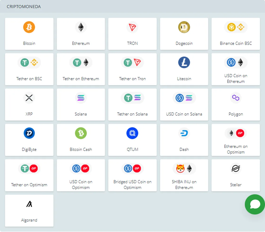 Categoría Criptomoneda del depósito de 22Bet con los 26 recuadros: Bitcoin, Ethereum, TRON, Dogecoin, Binance Coin BSC, Tether on BSC, Tether on Ethereum, Tether on Tron, Litecoin, USD Coin on Ethereum, XRP, Solana, Tether on Solana, USD Coin on Solana, Polygon, DigiByte, Bitcoin Cash, QTUM, Dash, Ethereum on Optimism, Tether on Optimism, USD Coin on Optimism, Bridged USD Coin on Optimism, SHIBA INU on Ethereum, Stellar y Algorand
