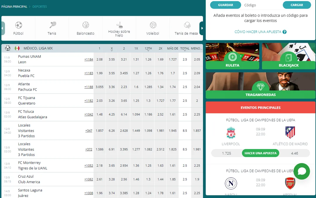 Página de deportes de 22Bet en español con la Liga MX en la primera tabla, Pumas contra León, Necaxa contra Puebla y Cruz Azul contra América con cuotas decimales, el boleto de apuestas y los eventos principales de la Champions League