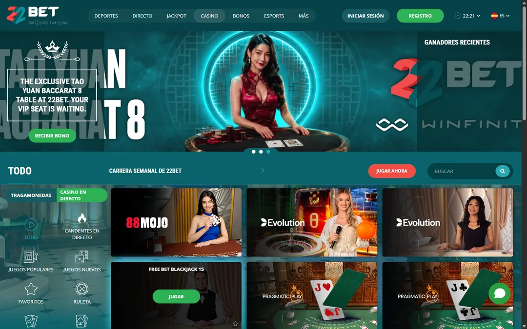 Lobby de casino en vivo de 22Bet con mesas de Evolution, Pragmatic Play, Ezugi y 88Mojo