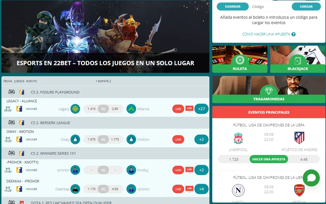Sección de e-sports en directo de 22Bet con el banner Esports en 22Bet, partidas de Counter-Strike 2 en Fissure Playground, Berserk League y Winners Series con cuotas y marcadores en vivo, y torneos de Dota 2
