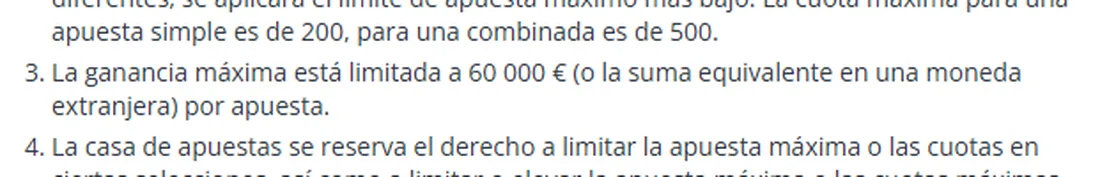 Sección 3 de los términos de 22Bet: la ganancia máxima está limitada a 60,000 euros o la suma equivalente en una moneda extranjera por apuesta