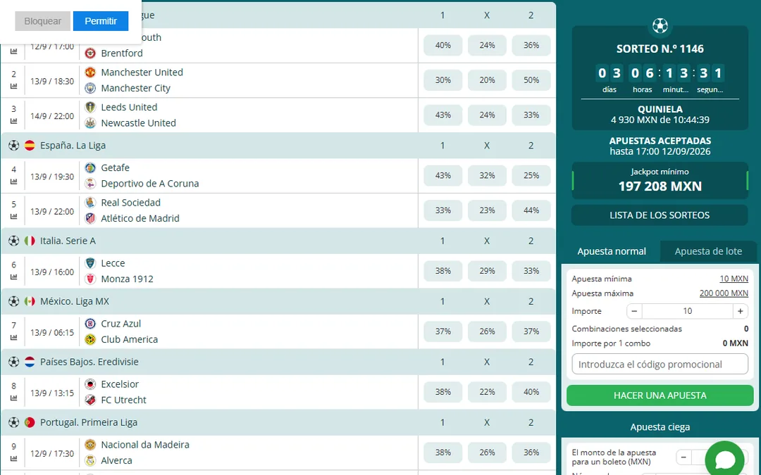 Página Jackpot de 22Bet con la quiniela Toto Fútbol del sorteo 1146, partidos de la Premier League, La Liga, la Serie A y la Liga MX con porcentajes por resultado, jackpot mínimo de 197,208 MXN y apuesta mínima de 10 MXN