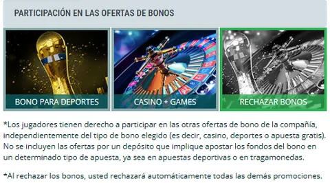 Ajuste Participación en las ofertas de bonos de la cuenta de 22Bet con las tarjetas Bono para deportes, Casino + Games y Rechazar bonos, esta última seleccionada, y la nota de que al rechazar los bonos se rechazan todas las promociones