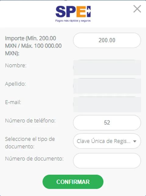 Formulario de depósito por SPEI en 22Bet con el rango de 200 a 100,000 pesos y los campos de nombre, apellido, correo y teléfono