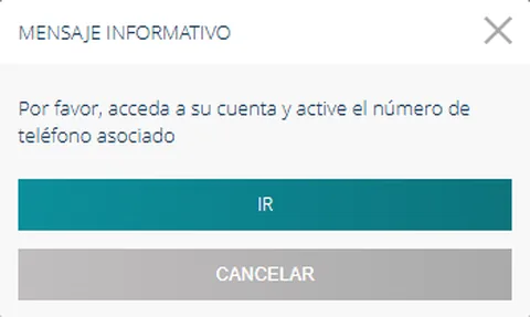 Mensaje informativo de la retirada de fondos de 22Bet: por favor, acceda a su cuenta y active el número de teléfono asociado, con los botones Ir y Cancelar