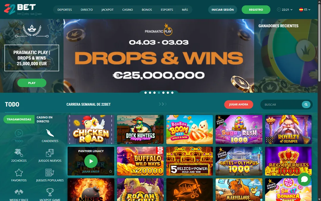 Sección de tragamonedas de 22Bet con la campaña Drops and Wins de Pragmatic Play y el filtro de proveedores