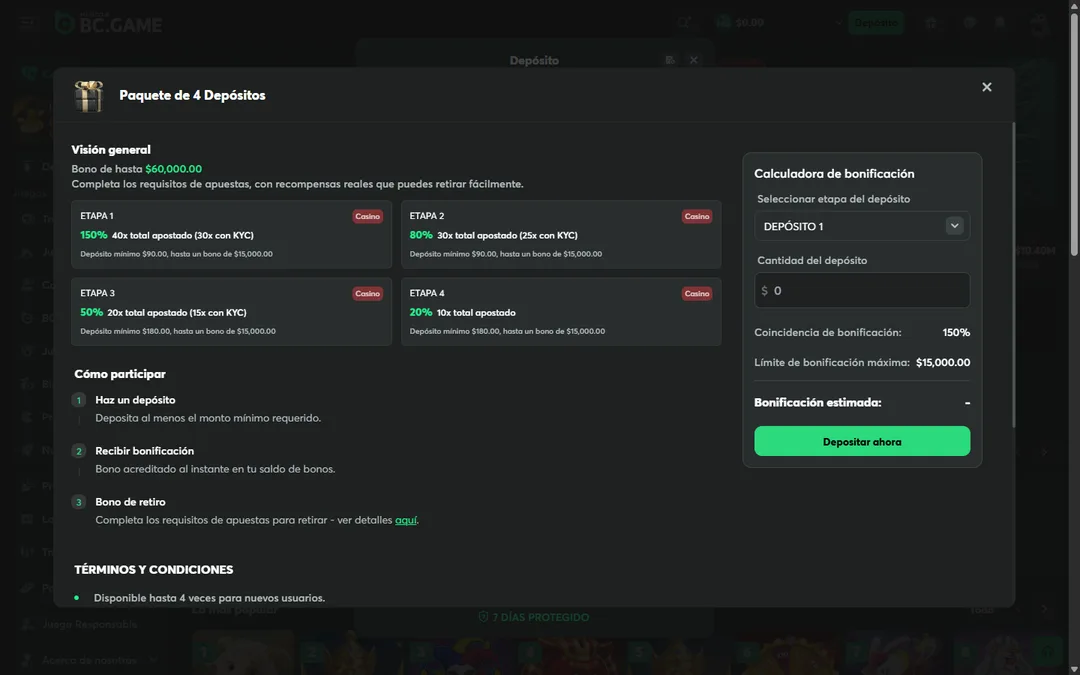 Modal del Paquete de 4 Depósitos de BC.Game México con las cuatro etapas y la calculadora de bonificación