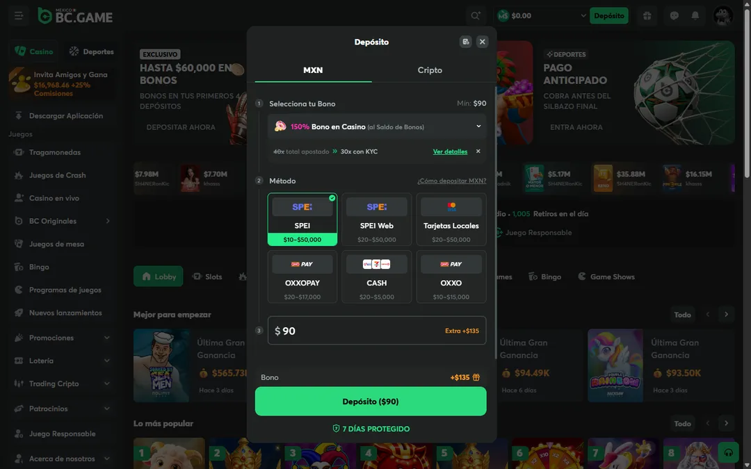 Cajero de BC.Game México con los métodos SPEI, SPEI Web, tarjetas locales, OXXOPAY, CASH y OXXO y sus límites en pesos