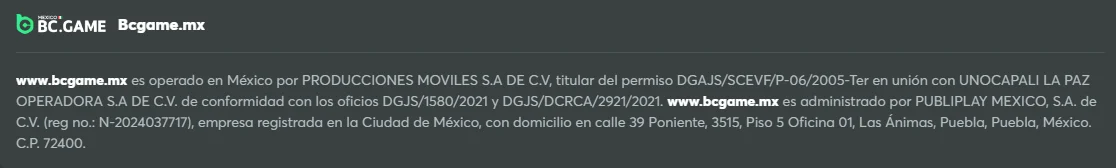 Bloque de la página de licencias de bcgame.mx con el permiso DGAJS/SCEVF/P-06/2005-Ter