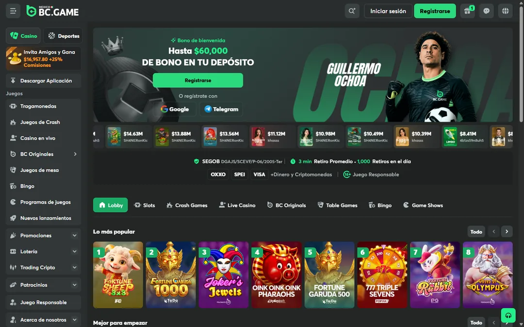 Portada de BC.Game México con el bono de hasta $60,000 MXN y la franja SEGOB
