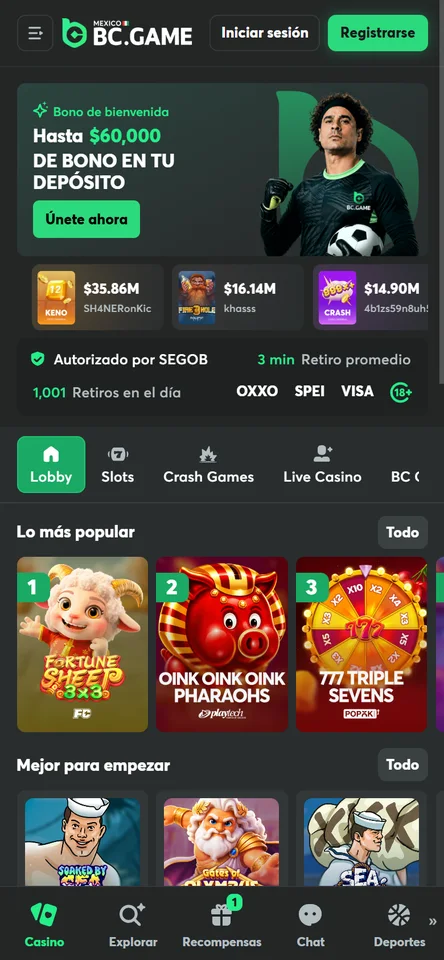 Portada móvil de BC.Game México con el bono de bienvenida y la franja de permiso SEGOB