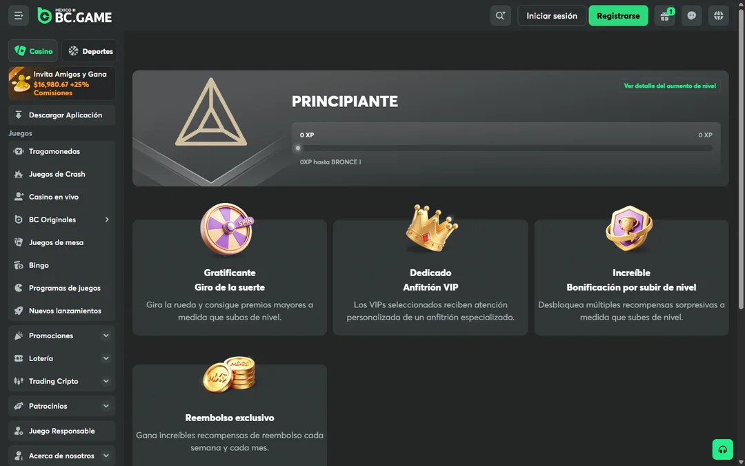 Página VIP de BC.Game México con el nivel Principiante y las recompensas