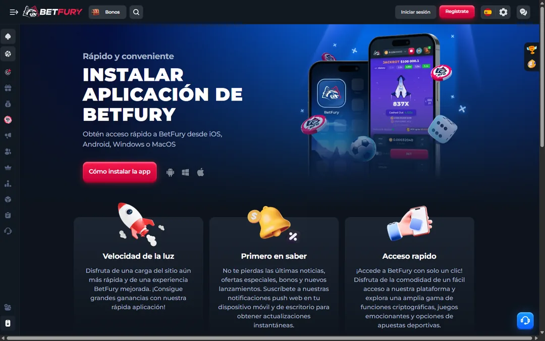 Página Instalar aplicación de BetFury en español con acceso desde iOS, Android, Windows o macOS y las instrucciones de instalación