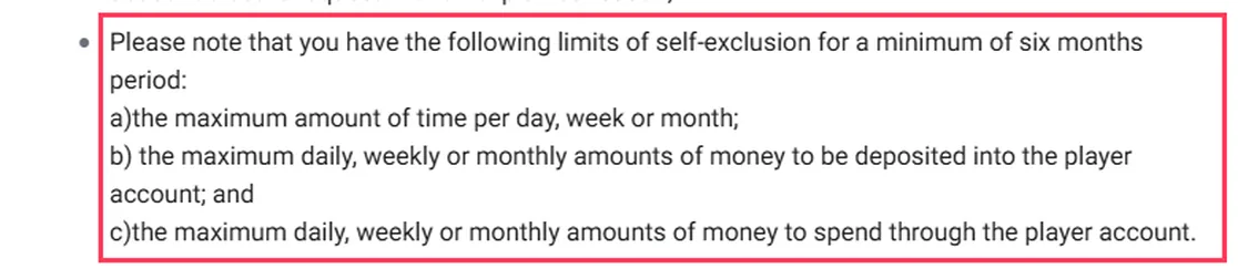 Página de juego responsable de BetFury en docs.betfury.com con los límites de autoexclusión por un mínimo de seis meses: tiempo por día, semana o mes, y montos de depósito y gasto