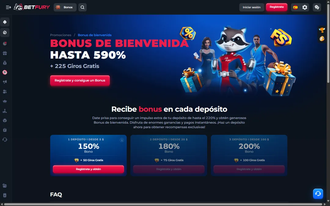 Página del bono de bienvenida de BetFury en español con hasta el 590 % y 225 giros gratis, y las tres tarjetas de 150 %, 180 % y 200 %