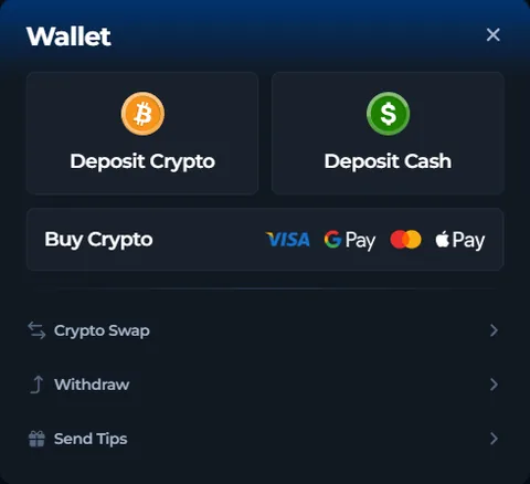 Ventana Wallet de BetFury con los accesos Deposit Crypto, Deposit Cash, Buy Crypto con Visa, Google Pay, Mastercard y Apple Pay, Crypto Swap, Withdraw y Send Tips