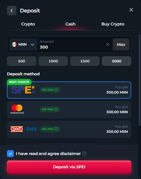Pestaña Cash del cajero de BetFury con la moneda MXN, 300 pesos de monto, los métodos SPEI, Mastercard y OXXO Pay sin comisión y el botón Deposit via SPEI