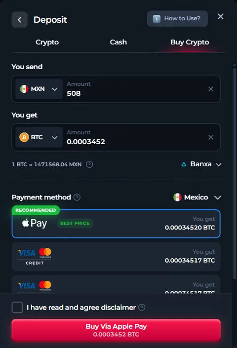 Pestaña Buy Crypto del cajero de BetFury con Banxa, 508 pesos por 0.0003452 BTC, país México y los métodos Apple Pay, tarjeta de crédito y débito, Google Pay y SPEI
