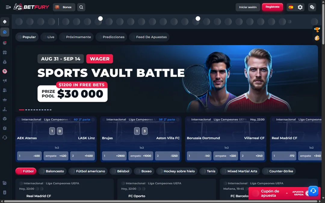 Casa de apuestas de BetFury en español con el banner Sports Vault Battle de 30,000 dólares, la Champions League en vivo con cuotas americanas y las pestañas de fútbol, baloncesto, béisbol, boxeo y tenis