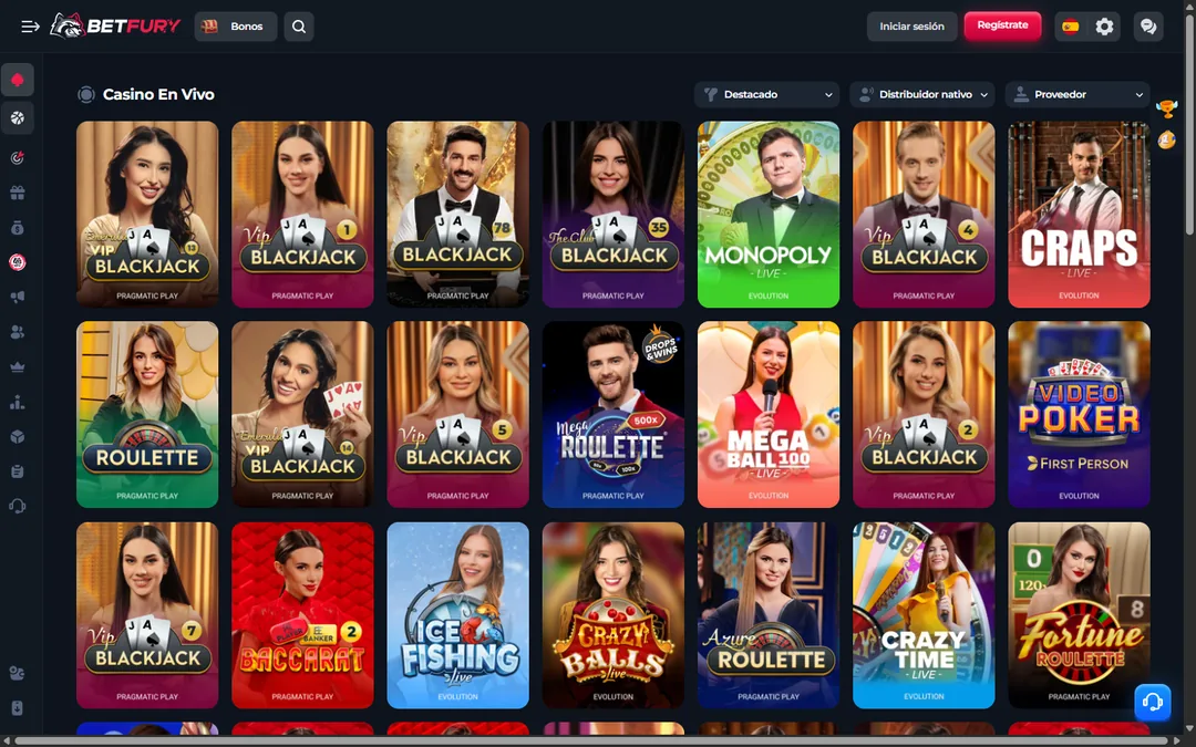 Categoría Casino En Vivo de BetFury en español con VIP Blackjack y Blackjack de Pragmatic Play, Monopoly Live, Craps Live, Mega Ball 100 y Crazy Time de Evolution