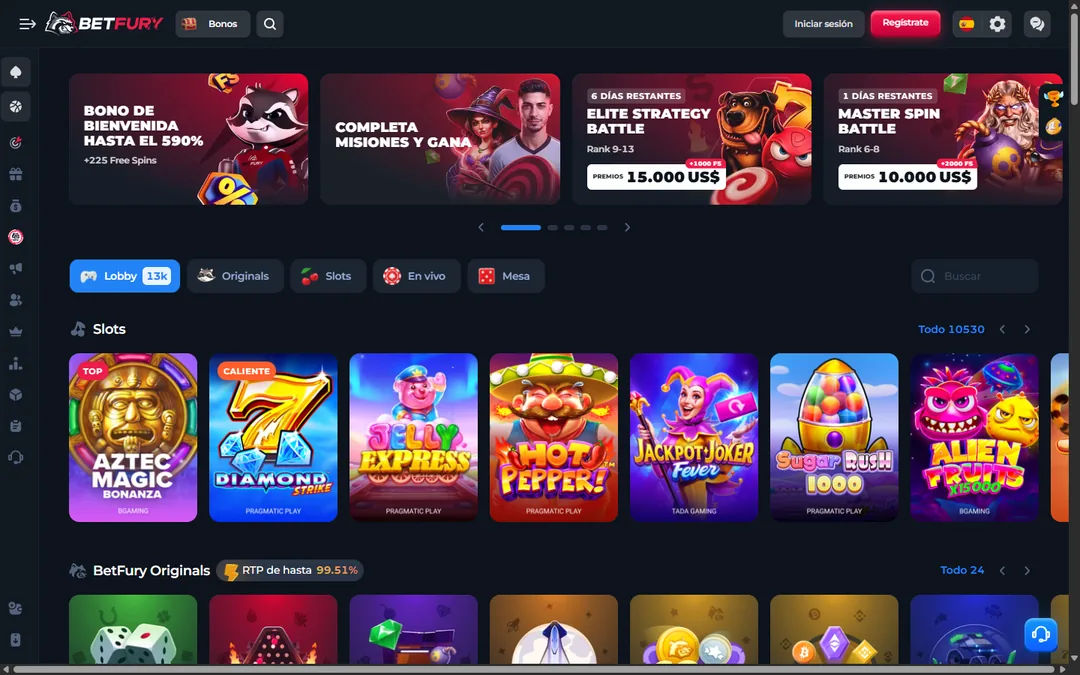 Lobby de casino de BetFury con los banners de bienvenida, misiones, Elite Strategy Battle y Master Spin Battle, las pestañas Lobby, Originals, Slots, En vivo y Mesa, y el contador de 10,530 tragamonedas