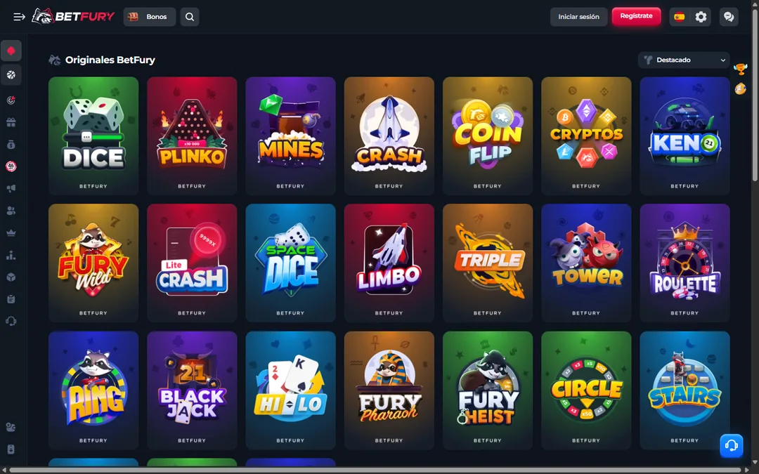 Categoría Originales BetFury en español con Dice, Plinko, Mines, Crash, Coin Flip, Cryptos, Keno, Fury Wild, Lite Crash, Space Dice, Limbo, Triple, Tower, Roulette, Ring, Blackjack, Hi-Lo, Fury Pharaoh, Fury Heist, Circle y Stairs
