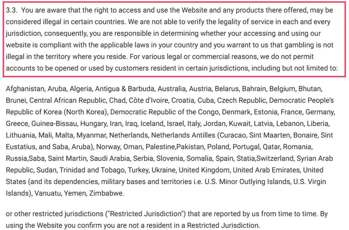 Sección 3.3 de los términos de BetFury con la lista de jurisdicciones restringidas, de Afganistán a Zimbabue, que incluye Australia, España, Estados Unidos, Reino Unido y Curazao