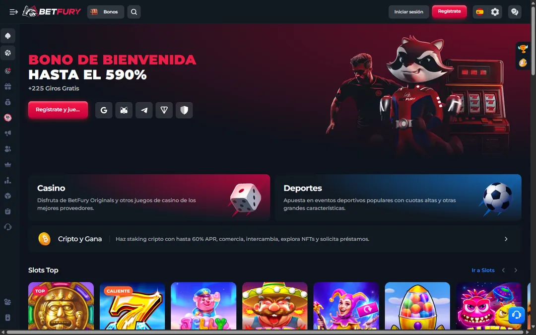 Portada de BetFury en español con el bono de bienvenida hasta el 590 %, el mapache de la marca, los accesos a casino y deportes y la fila de slots top