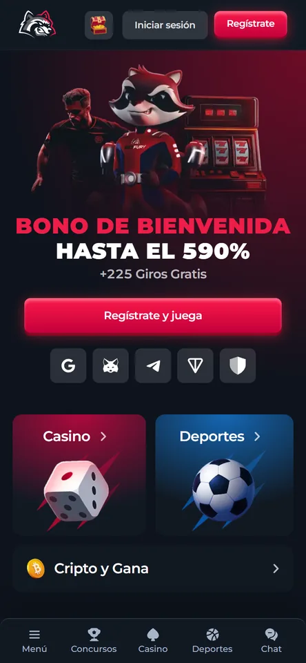 Portada móvil de BetFury en español con el mapache de la marca, el bono de bienvenida hasta el 590 % y los accesos a casino y deportes