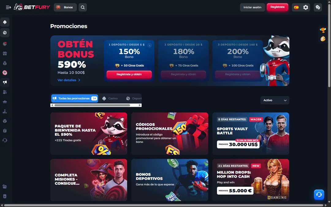 Página de promociones de BetFury en español con el paquete de bienvenida del 590 %, códigos promocionales, Sports Vault Battle, misiones, bonos deportivos y Million Drops