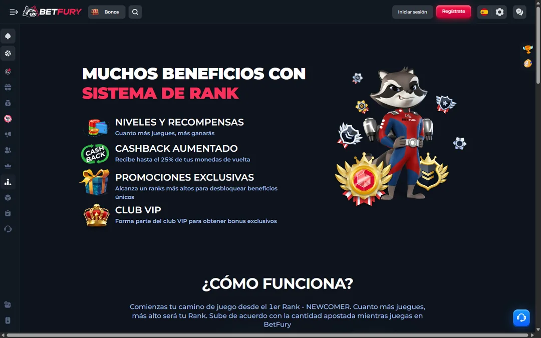 Página del sistema de rangos de BetFury en español con el mapache de la marca, niveles y recompensas, cashback aumentado hasta el 25 %, promociones exclusivas y club VIP