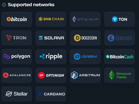 Ventana Supported networks de BetFury con las 18 redes: Bitcoin, BNB Chain, Ethereum, TON, Tron, Solana, Dogecoin, Litecoin, Polygon, Ripple, Dash, Bitcoin Cash, Avalanche, Optimism, Arbitrum, Ethereum Classic, Stellar y Cardano