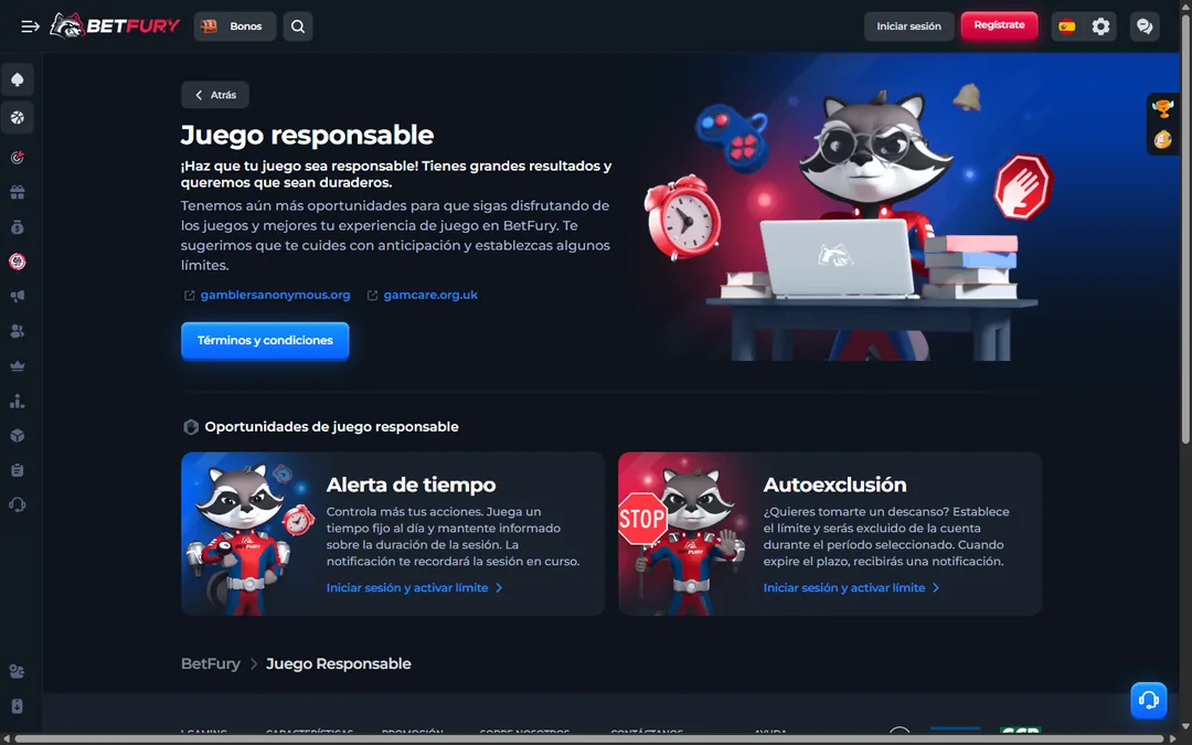 Página de juego responsable de BetFury en español con el mapache, los enlaces a gamblersanonymous.org y gamcare.org.uk y las tarjetas de alerta de tiempo y autoexclusión