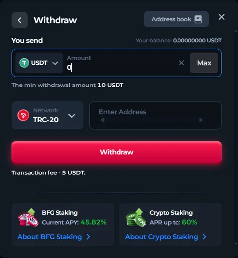 Pantalla Withdraw de BetFury con USDT en la red TRC-20, mínimo de retiro de 10 USDT, campo de dirección vacío y comisión de transacción de 5 USDT