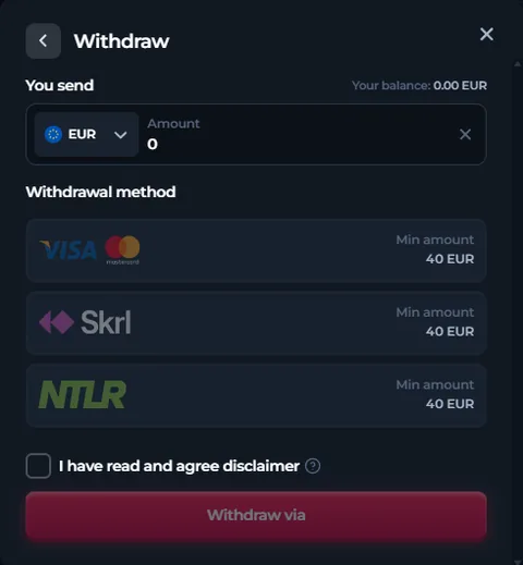 Pantalla Withdraw de BetFury en euros con los métodos Visa o Mastercard, Skrill y Neteller, cada uno con mínimo de 40 euros