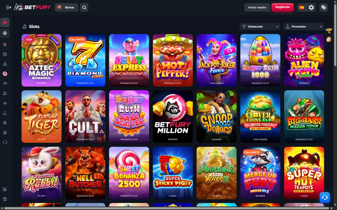 Categoría de tragamonedas de BetFury con Aztec Magic Bonanza, Diamond Strike, Jelly Express, Hot Pepper, Jackpot Joker Fever, Sugar Rush 1000, Fortune Tiger, Cult y Snoop Dogg Dollars