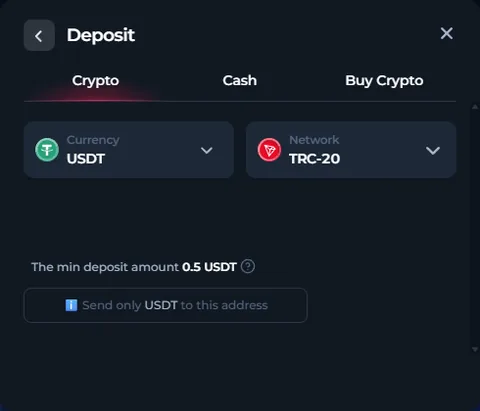 Cajero de BetFury con USDT en la red TRC-20 y el mínimo de 0.5 USDT, con la dirección de depósito oculta